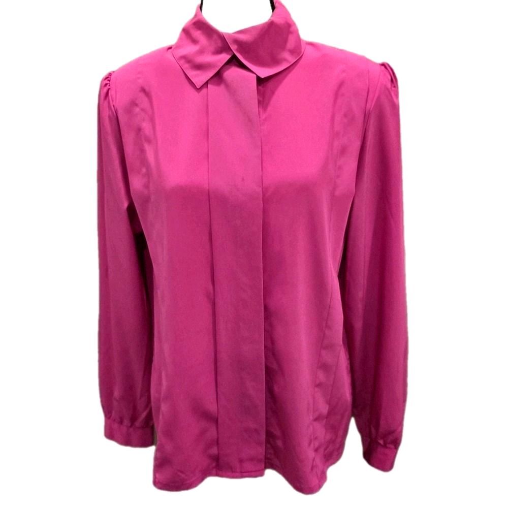 VTG 80s Josephine Pink Blouse 12 Long Sleeve Button Up Pleated Front Silky Korea